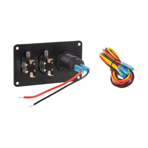 Prepínačový panel 2× spínač 2× USB QC3.0 USB-C PD voltmeter 12V – zadná strana, zapojenie kabeláže, farebné vodiče s konektormi