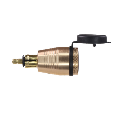 USB nabíjačka QC3.0 USB-C PD do DIN zásuvky – bočný pohľad, DIN zástrčka zlatá, gumová krytka otvorená