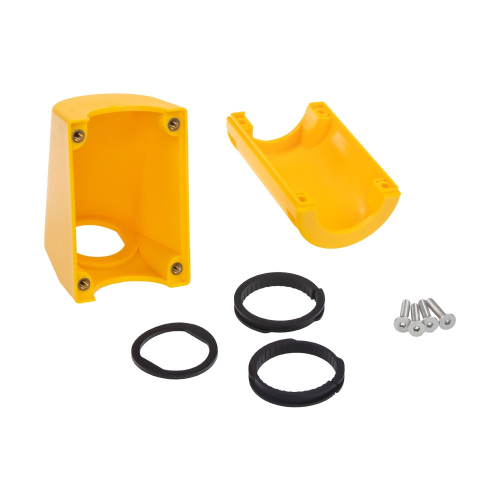 žltý montážny domček pre napájač na tyč – rozložený obsah balenia, dva diely domčeka, gumové krúžky a montážne skrutky