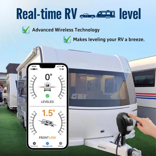 Praktická ukážka v teréne: snímač AOMOSUR v reálnom čase ukazuje náklon 1,5° pre presné zaparkovanie karavanu.
