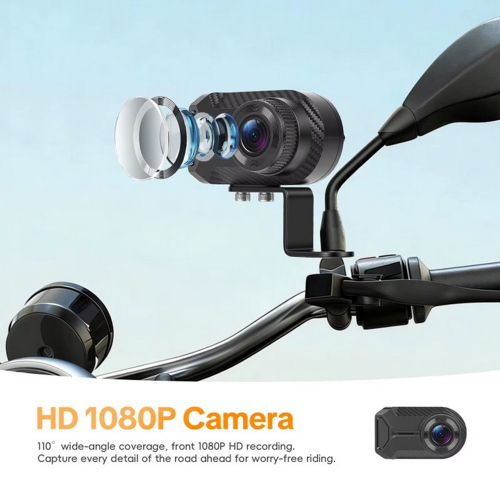 Detail objektívu motocyklovej kamery 1080P na držiaku riadidiel – zorný uhol 110°