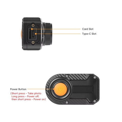Rozmery a konektory motocyklovej kamery – slot pre kartu, USB-C, oranžové tlačidlo napájania