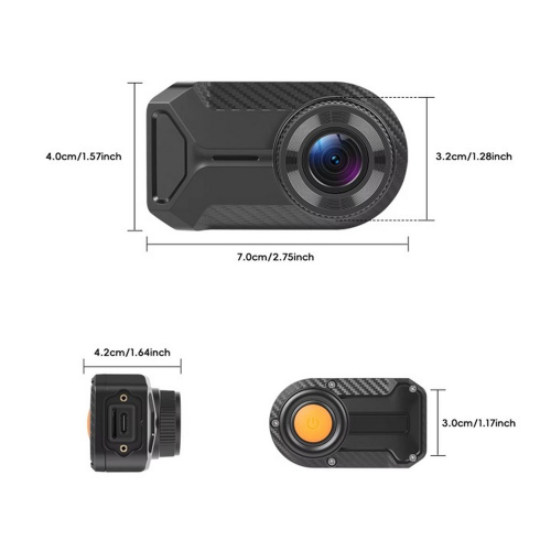 Rozmery motocyklovej kamery 70 × 40 × 32 mm – tri pohľady, karbónový vzor puzdra