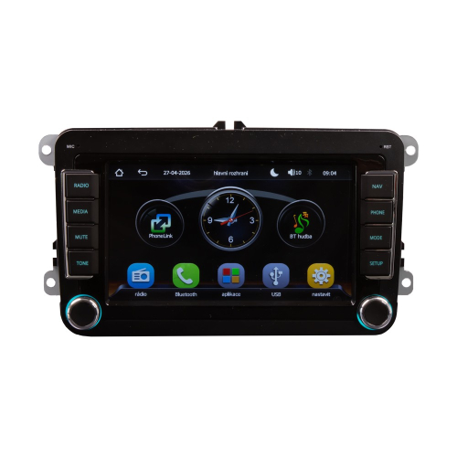 Autorádio VW Škoda so 7" LCD – hlavné rozhranie s PhoneLink a BT hudbou, modré podsvietenie