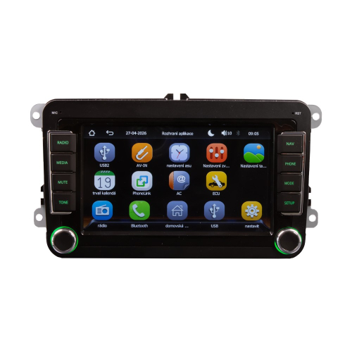Autorádio VW Škoda – rozhranie aplikácií s PhoneLink, Bluetooth, USB, AV-IN a nastaveniami