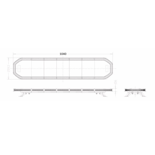 Rozmery oranžovej LED rampy 1040 × 259,3 × 36 mm s homologizáciou ECE R65