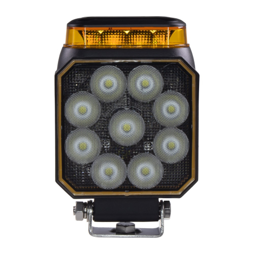 DUAL pracovný LED svetlomet WL-441WO – čelný pohľad, 9 LED diód, oranžový maják navrchu, nerezový držiak