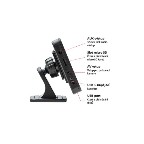 Monitor DS-470CA – bočný pohľad, porty AUX výstup, micro SD slot, AV vstup, USB-C, USB port s popiskami