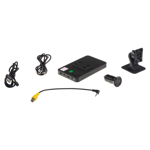 Monitor DS-470CA – bočný pohľad, USB-C napájacMonitor DS-470CA – obsah balenia, USB kábel, AUX kábel, napájací adaptér CL, kamerový kábel Jack 3,5 mm / RCA, stojaní konektor, AV vstup, micro SD slot, AUX, nastaviteľný stojan
