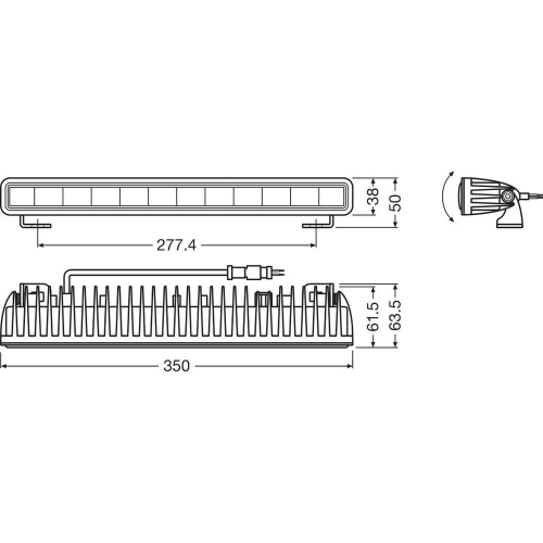 OSRAM LED lightbar SX300-SP – rozmerový výkres, dĺžka 350 mm, šírka 62 mm, výška 38 mm