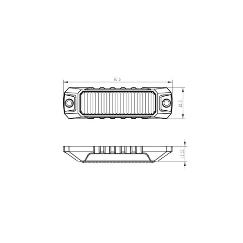 Technický výkres výstražného LED svietidla – rozmery 98,5 × 28,3 × 13,5 mm