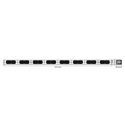 Technický výkres LED výstražnej aleje – rozmery 1231 × 53,6 × 60,8 mm