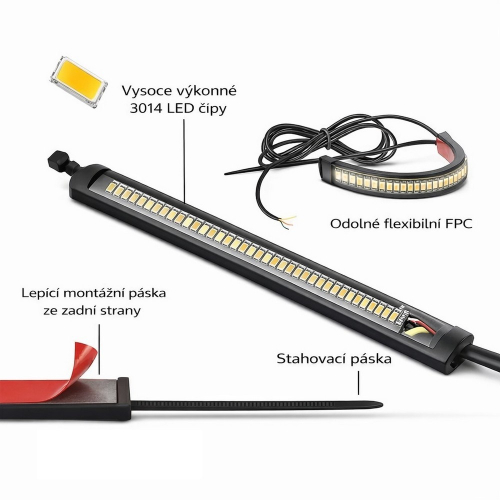 Konštrukcia LED pásika – 3014 SMD čipy, flexibilná FPC podložka, lepiaca páska a sťahovacia páska