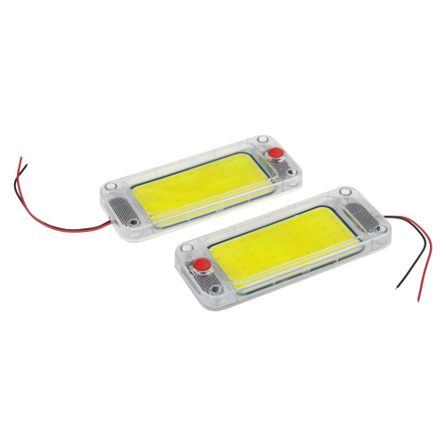 Sada 2 LED interiérových svietidiel – čelný pohľad, COB plocha, tlačítkový vypínač a napájacie vodiče