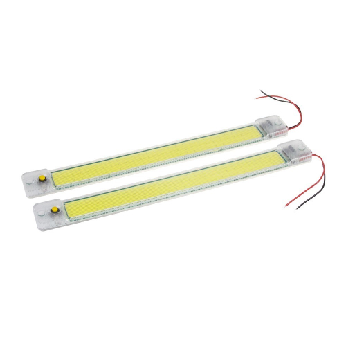 Sada 2 LED interiérových COB svietidiel 300 × 33 mm – čelný pohľad, žltá COB plocha a tlačítkový vypínač