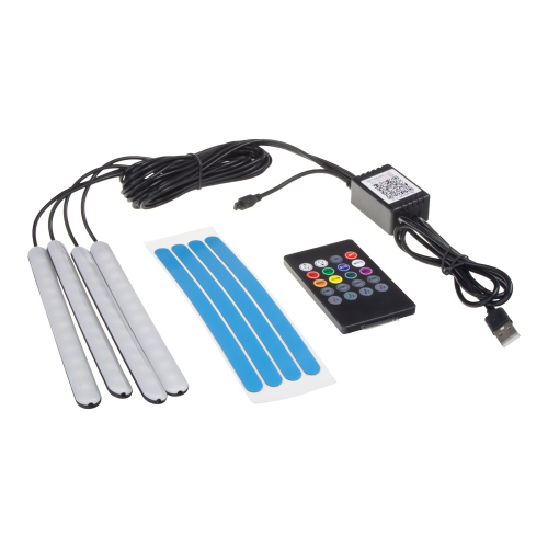 LED ambientné osvetlenie interiéru RGB – modré a tyrkysové podsvietenie priestoru nôh a palubnej dosky; obsah balenia s USB a CL variantom