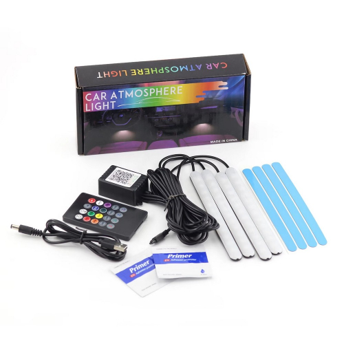 Kompletná sada LED ambientného svetla 95RGB-SET23 USB – krabica, kontrolér, diaľkový ovládač, USB kábel, 4 pásiky, primer a lepiace pásky