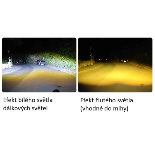 Porovnanie bielého a žltého svetla WL-856 – ľavý záber diaľkové biele, pravý hmlové žlté