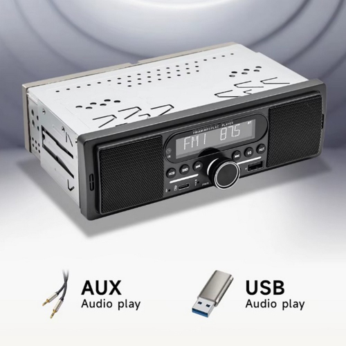 1DIN autorádio s AUX a USB vstupom – bočný pohľad, vstavaný reproduktor, čelný panel