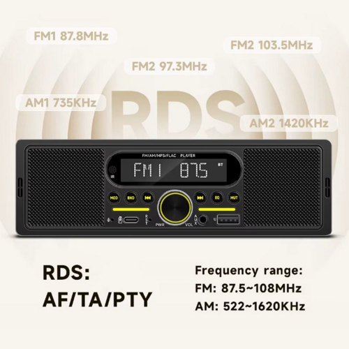 RDS tuner autorádia – FM pásma 87,5 – 108 MHz, AM pásma 522 – 1 620 kHz, funkcie AF/TA/PTY