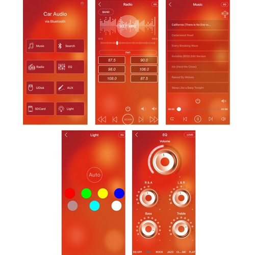 Aplikácia AB Car Audio – obrazovky pre rádio, hudbu, EQ, podsvietenie a prepínanie zdrojov