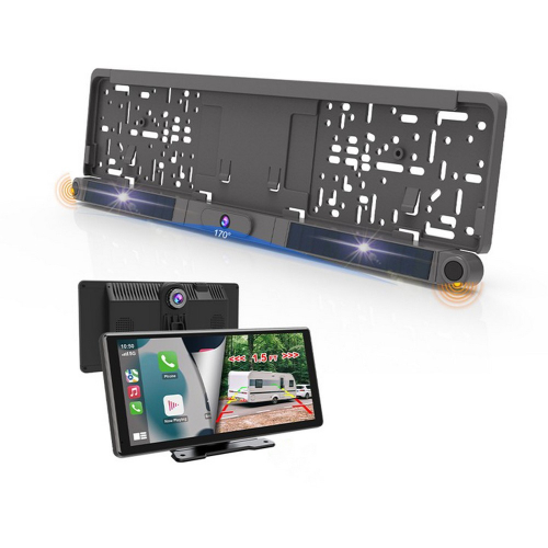 Bezdrôtový cúvací set – rámik ŠPZ s kamerou a senzormi, monitor 10,36" s obrazom a CarPlay rozhraním