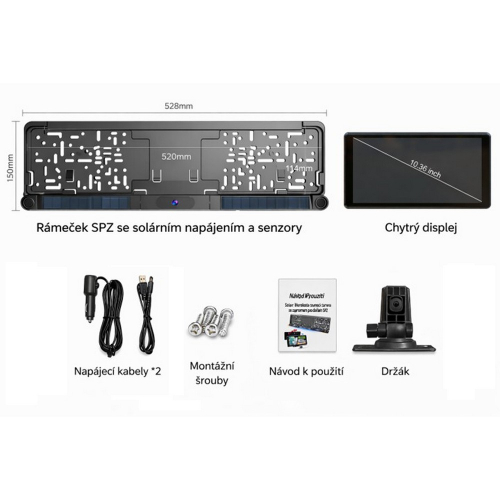 Rozmery rámika ŠPZ 528 × 150 mm so solárnym panelom a senzormi; monitor 10,36" s uhlopriečkou