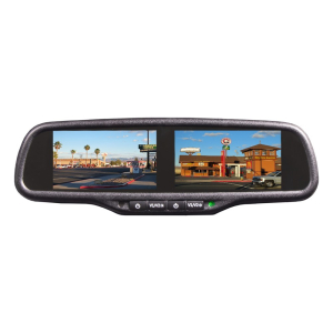 Dvojitý LCD monitor 4,3" do spätného zrkadla – OEM montáž, 2× 2 video vstupy, PAL/NTSC, 12 V
