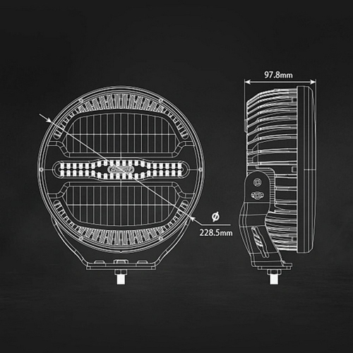Technický výkres LED svetlometu Chiming Shark-Lite – rozmery ø 228,5 mm, hĺbka 97,8 mm, výška s držiakom 245 mm