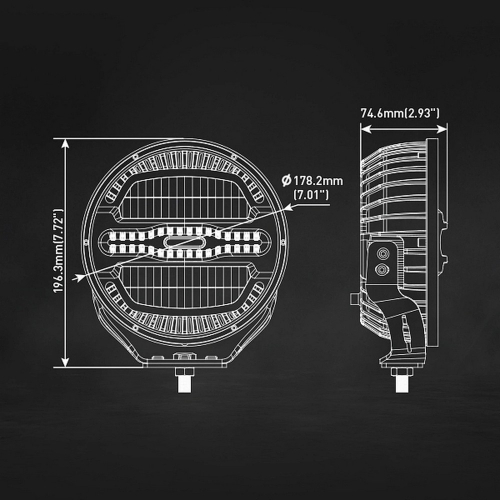 Technický výkres LED světlometu Chiming Shark-Lite 7“ – rozměry ø 178,2 mm, hloubka 74,6 mm, výška s držákem 196,3 mm