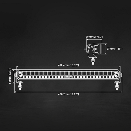 Rozmerový výkres LED rampy Chiming Shark-Lite 20″ – dĺžka 488,2 mm, výška 47 mm, hĺbka 69 mm, výška s držiakom 62 mm