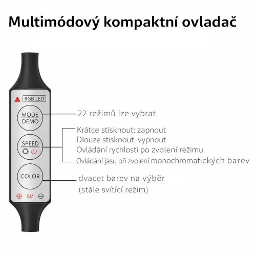 Kompaktný ovládač RGB LED svetlovodu – tlačidlá MODE, SPEED, COLOR, napájanie USB 5 V