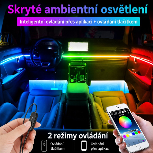 RGB LED osvetlenie interiéru auta – viacfarebný efekt, Bluetooth ovládanie cez app a tlačidlo