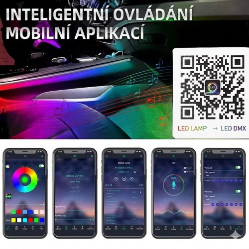Ambientné RGB svetlo v interiéri auta – dynamický farebný efekt, palubná doska a priestor nôh