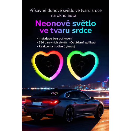RGB neonové srdce na zadnom okne auta – 256 farebných efektov, ovládanie aplikáciou