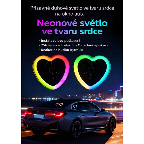 RGB LED srdce na okne auta – nočný záber, dúhový efekt, vakuová prísavka