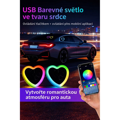 RGB srdce USB svetlo – Bluetooth ovládanie cez mobilnú aplikáciu, tuning interiér auta