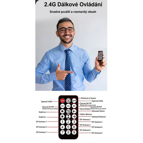 Diaľkový ovládač 2,4 GHz pre LED matrix panel – popis tlačidiel: ON/OFF, časovač, jas, DIY animácie 1–9