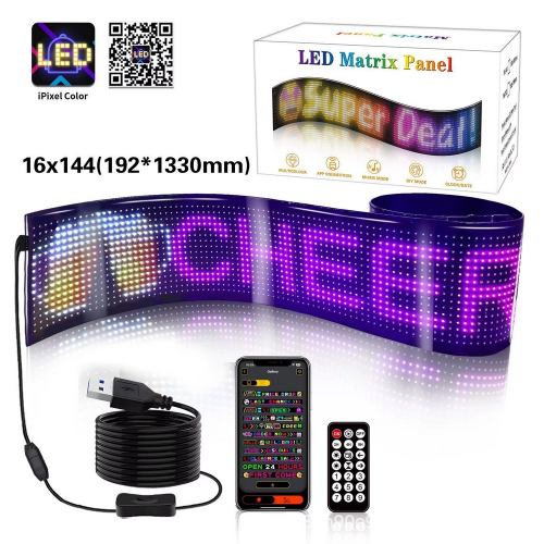 LED matrix panel rozsvietený – plnofarebné RGB zobrazenie, flexibilné PCB, USB kábel, app ovládanie