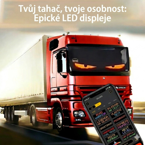 LED displej na čelnom skle kamióna – Devil Eyes efekt, nočný záber, ovládanie cez smartfón
