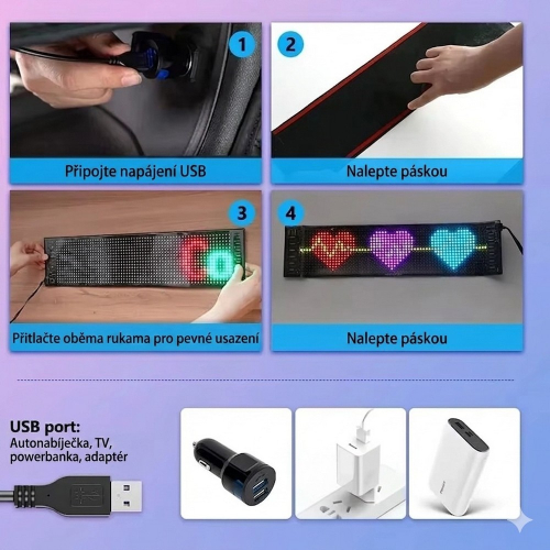 Montáž LED matrix panela – 4 kroky: USB napájanie, nalepenie páskou, pritlačenie, rozsvietenie