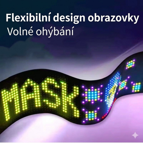 Flexibilný LED matrix panel ohnutý do vlny – zobrazenie textu MASK, RGB farby, ohybné PCB