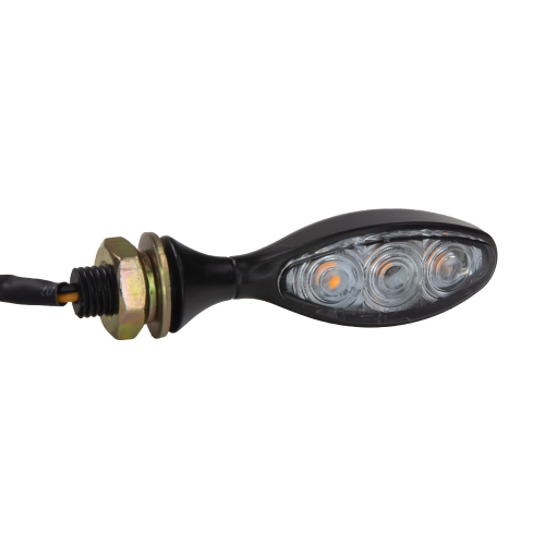 LED smerovka na moto zblízka – 3 LED diódy za priehľadnou šošovkou, závit M10 s podložkou