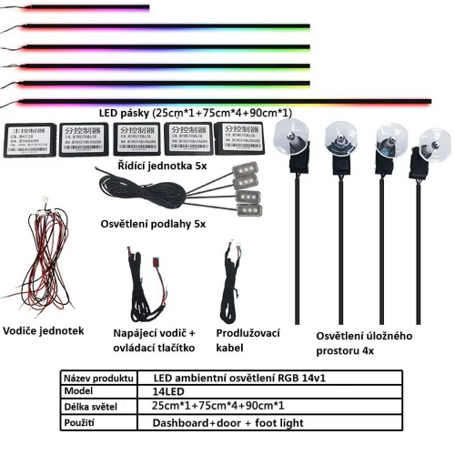 RGB LED ambientné osvetlenie auta 14 v 1 – pásiky, riadiace jednotky, osvetlenie podlahy a úložného priestoru