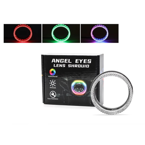 RGB LED Angel Eyes – ukážka farieb červená, zelená, fialová, balenie Crystal Car Headlight