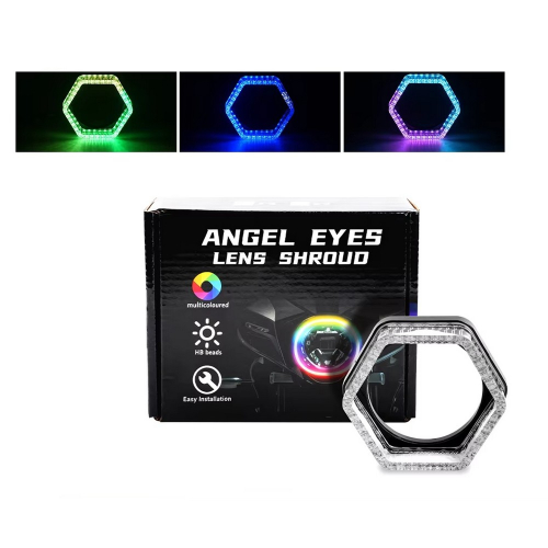 RGB LED Angel Eyes 80 mm – ukážka farieb zelená, modrá, fialová, balenie Crystal Car Headlight