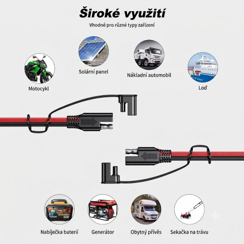 Využitie SAE predlžovacieho kábla – motocykel, solárny panel, nákladné auto, obytný príves, generátor
