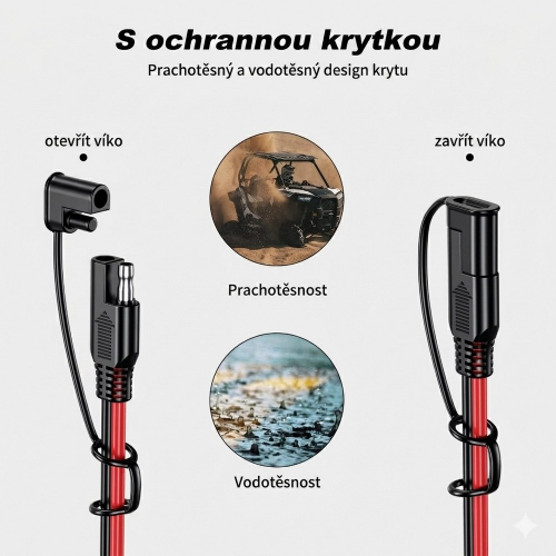 Ochranná krytka konektora SAE kábla – prachotesný a vodotesný dizajn, otvorená a zatvorená poloha