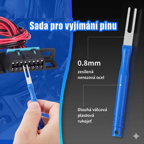 Použitie vypichovača pinov na automobilovom konektore – detail hrotu 0,8 mm a ergonomickej rukoväte