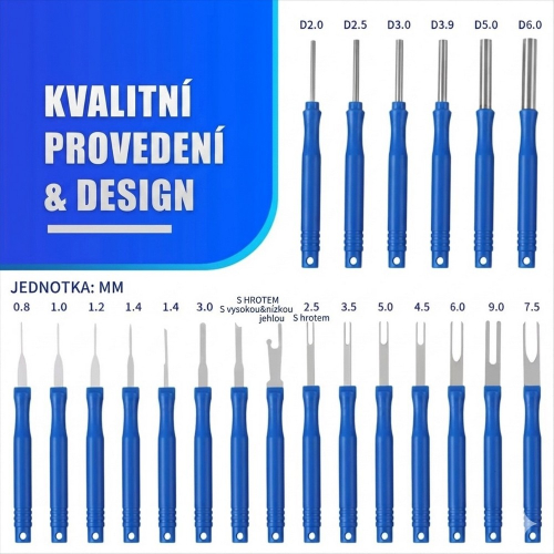 Rozmery hrotov sady vypichovačov – priemery 0,8 až 9,0 mm a rúrkové nástroje D2,0 až D6,0 mm